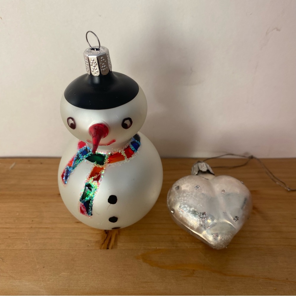 Bronner's Ornaments Set of 2 Blown Glass Christmas Decorations Snowman & Heart